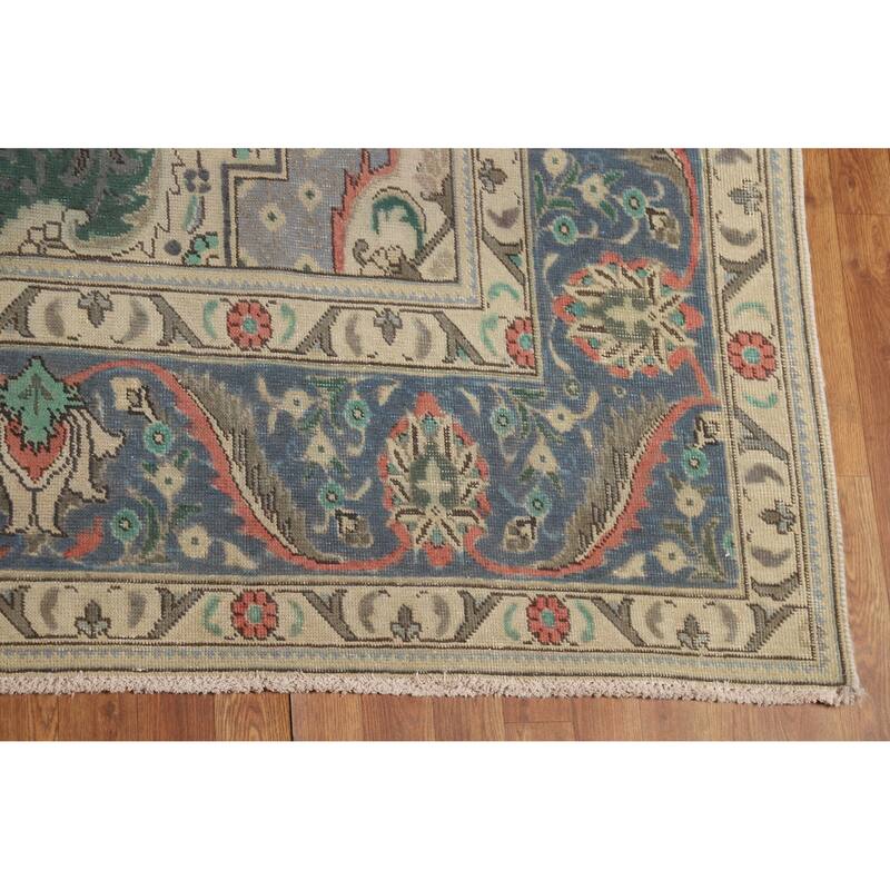 Blue Tabriz Persian Vintage Rug Handmade Wool Carpet - 9'7" x 13'0"