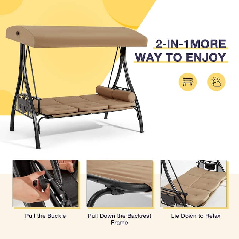 3-Seat Patio Swing with Adjustable Canopy, 750lbs Heavy Duty, Convertible Outdoor Bed, All-Weather, Cup Holders & Thick Cushions