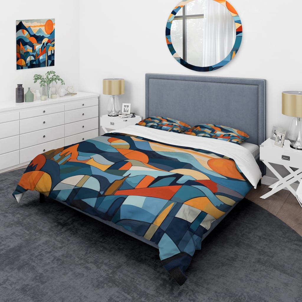 Designart "Mid Century Perspectives II" Blue Mid-Century - Bedding Cover Set With Shams
