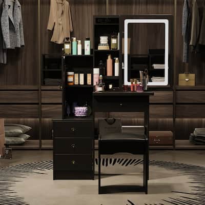 4-Drawer Makeup Organizer Vanity Table Set with LED-lit Mirror Dresser