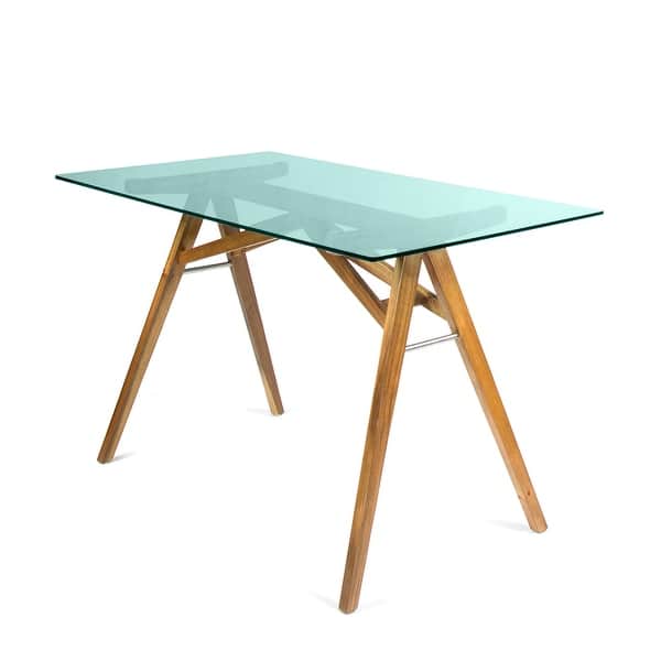 slide 2 of 7, Croxton Mid-Century Acacia Wood Desk by Christopher Knight Home Green Glass + Natural Stained