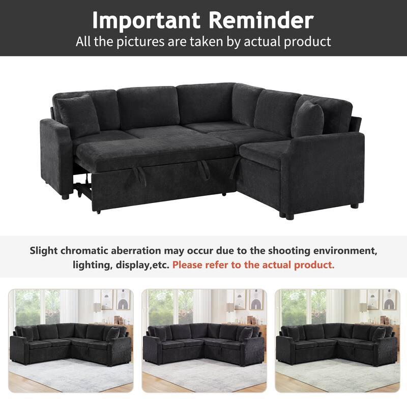 L-Shaped Sectional Sofa Bed, Chenille Upholstered Sleeper Sofa with Hidden Storage Compartment, 4 Seater Corner Sectional Sofa