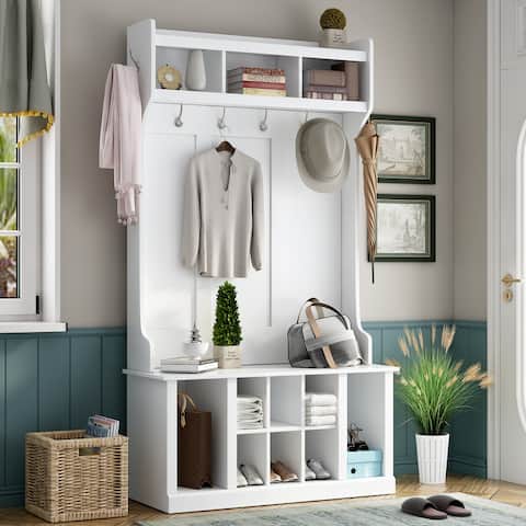 Coat Rack Bench Hall Tree Entrance Storage Bench with 6 Hooks, Coat Hanger, Entryway Bench and 3-in-1 Design