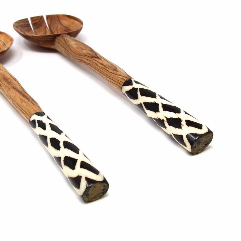 Handmade Olive Wood Serving Utensils with Natural Batik Bone Handles (Kenya)