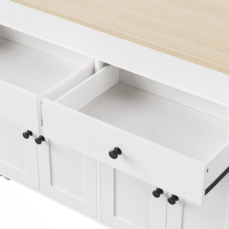 Kitchen Island with Extendable Dining Table , Rolling Kitchen Island on Wheels with Spice Rack and 2 Drawers - White