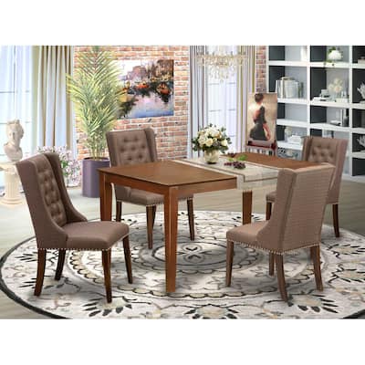 5-Piece Natural Brown Finish Solid Wood Top - Rectangular Button Tufted Dining Room Set - Seats 4