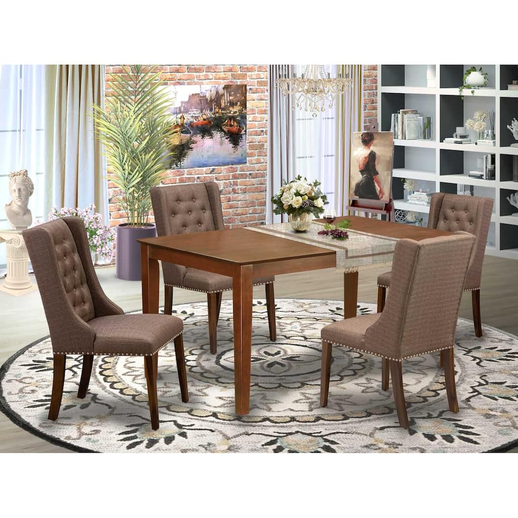 5-Piece Natural Brown Finish Solid Wood Top - Rectangular Button Tufted Dining Room Set - Seats 4