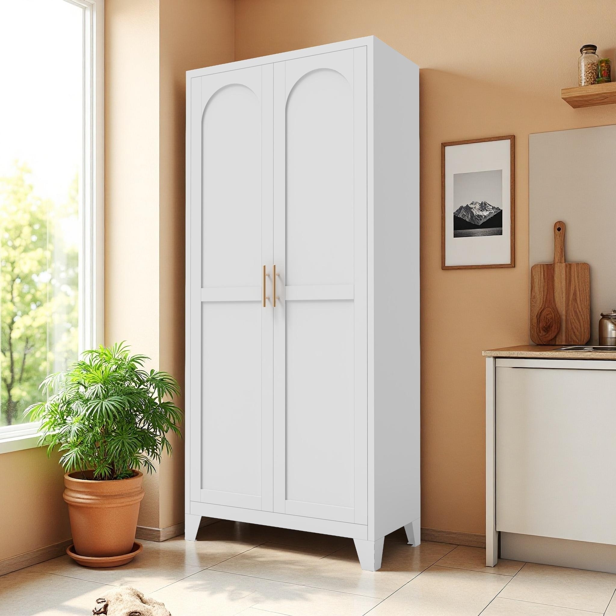Tall Metal Storage Cabinet With Two Doors And Adjustable Shelves