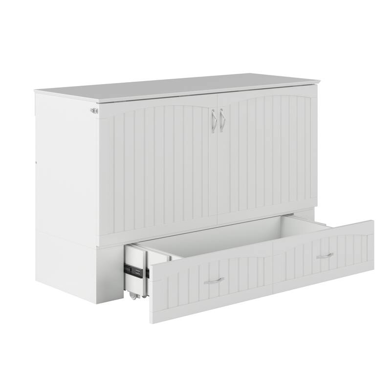 Aspen Queen Murphy Bed Chest with 6" Mattress, Storage Drawer & Built-In Charger in White