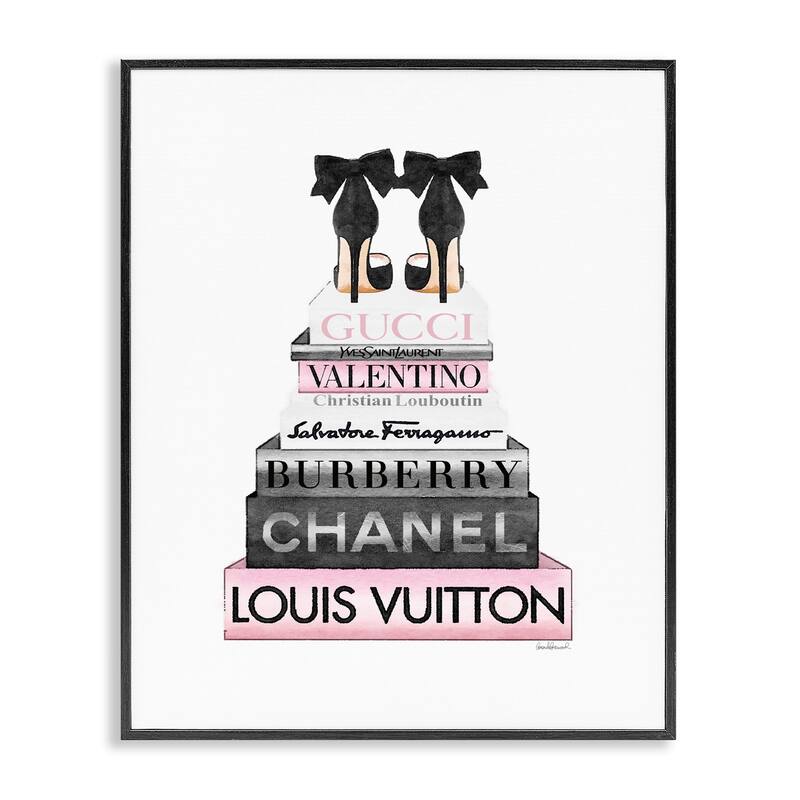 Stupell Black Heels Pink Bookstack Glam Fashion Design Framed Wall Art - 24 x 30 - Black