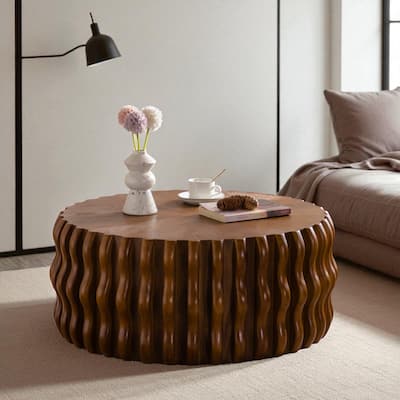 Drum Fluted Round Coffee Table - 38.5" Modern Mid-Century Accent Center Table with Solid Wood Pedestal
