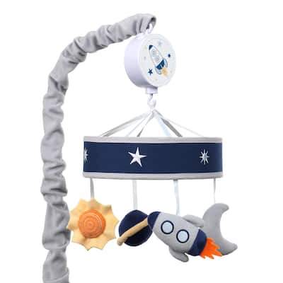 Lambs & Ivy Milky Way Blue/Gray Celestial Space with Rocket and Planets Musical Baby Crib Mobile