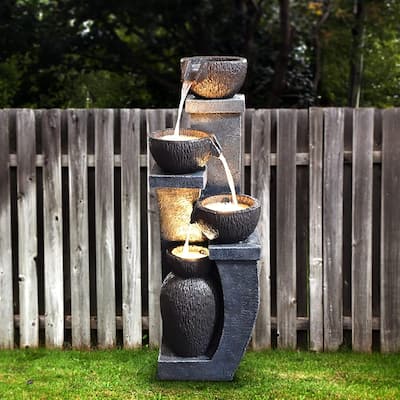37.4”H Water Fountain Outdoor 4- Crocks Modern Garden Fountains LED Lighted Floor Fountain
