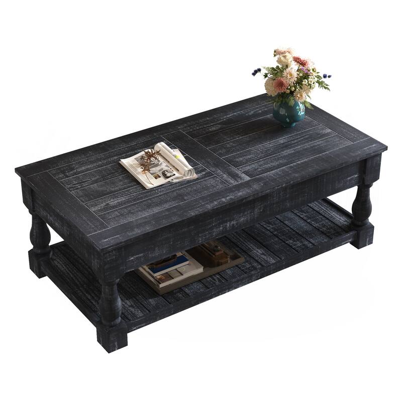 Farmhouse Lift Top Coffee Table with Fixed Shelf - 3 Hidden Storage Trays