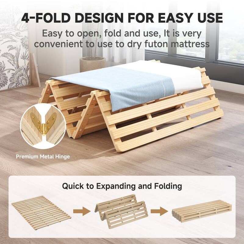 Solid Pine Wood Foldable Slatted Bed, Tatami Mat Floor Sleep Bedding