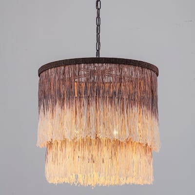 17.7" 3-Light Bohemian Farmhouse Purple Round Hand-made Cotton Fringe Tiered Hanging Chandelier Living Room,Bedroom