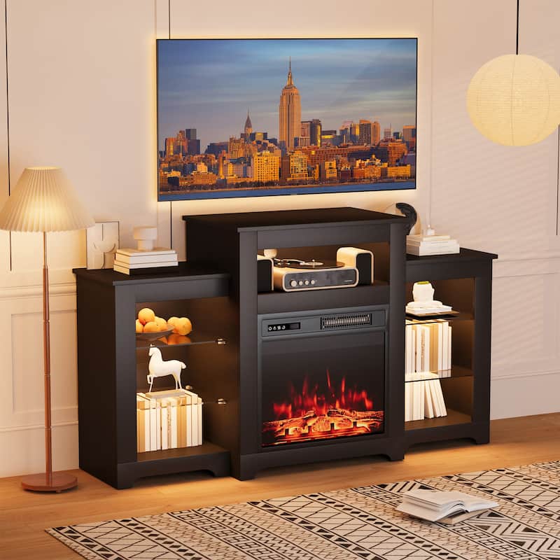 32" H TV Stand with Fireplace for TVs up to 80" - Remote Control, Energy-Efficient Heater, 16-Color Light Strip - 55'' - Black