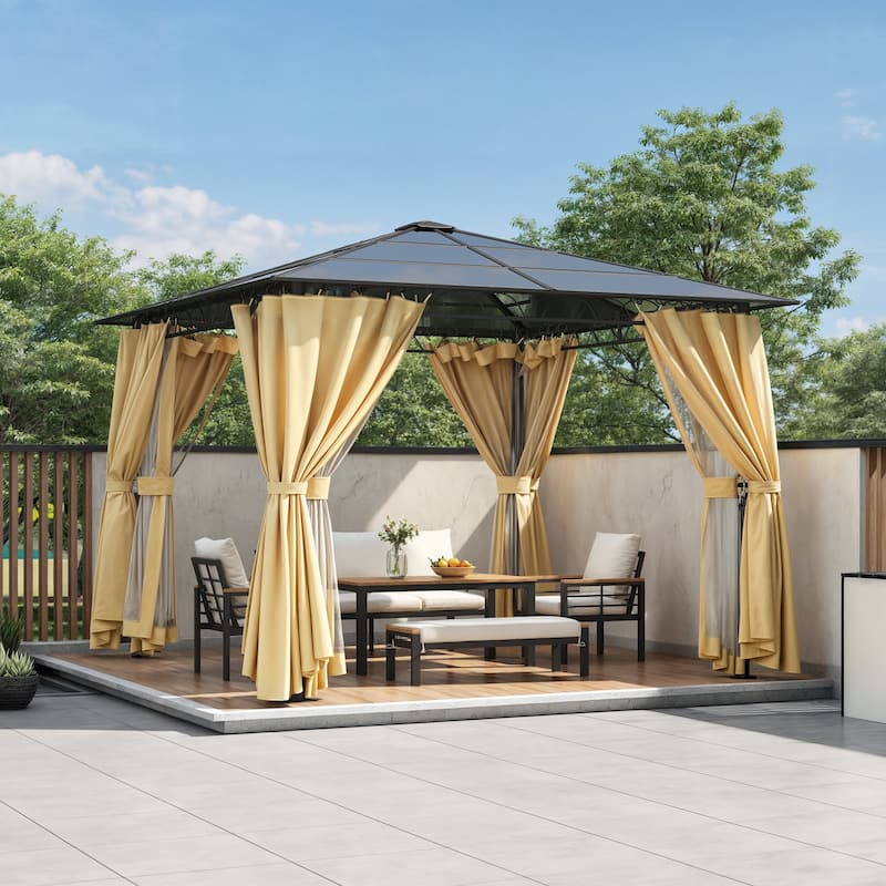 10'x10' Hardtop Gazebo - Polycarbonate Roof, Aluminum Frame, Mosquito Net & Privacy Screens for Shade & Rain - Beige