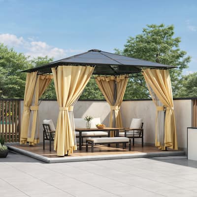 10'x10' Hardtop Outdoor Gazebo with Polycarbonate Roof, Patio Gazebo with Aluminum Frame, Mosquito Netting and Privacy Screens