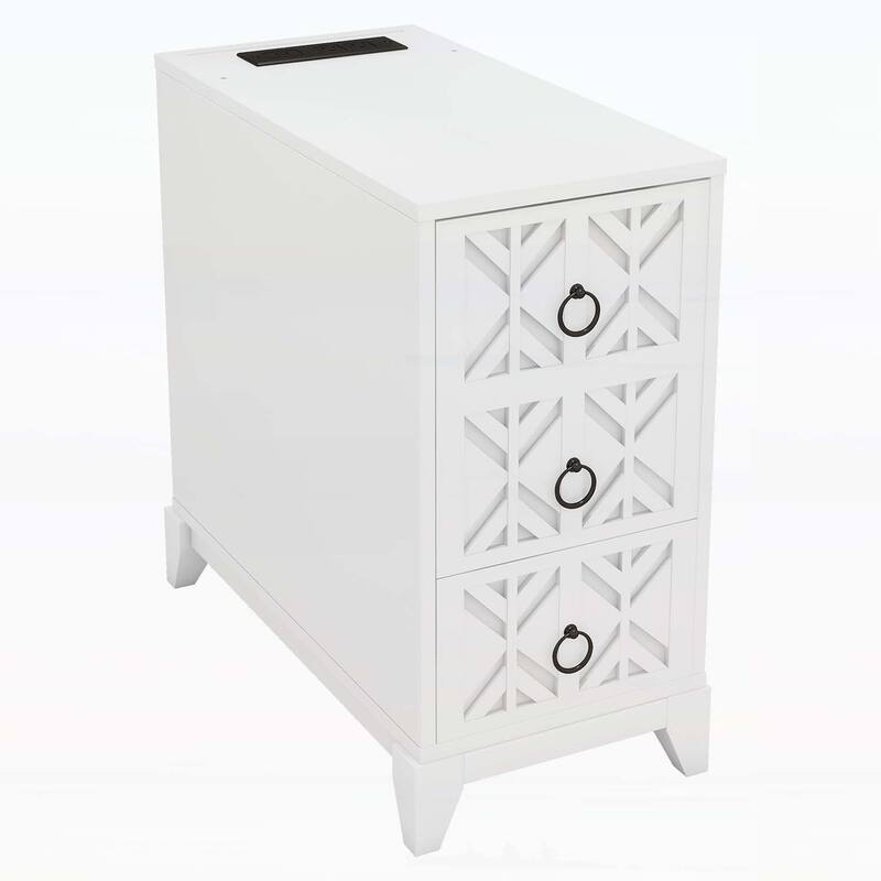 Elegant X-Carved End Table with 3 Drawers,2 Open Shelves,and Charging Station for Modern Bedrooms and Corners