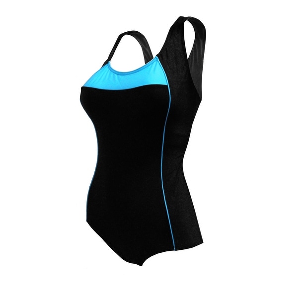 One-Piece Cross Back Swimsuit in Black and Turquoise