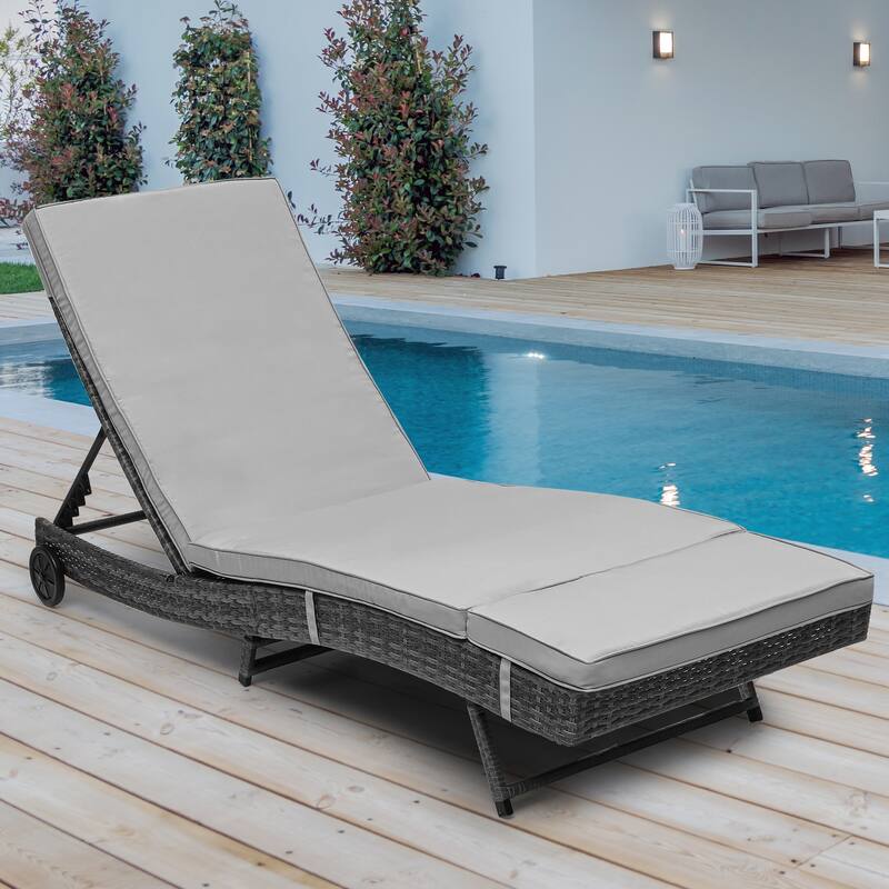 Wicker recliner, outdoor PE cane pool recliner with adjustable back and removable mat and wheels - Grey