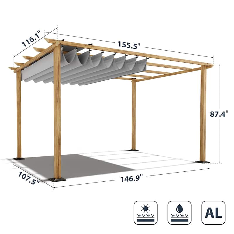 10 ft. x 13 ft. Wood Grain Aluminum Outdoor Pergola with Retractable Shade Canopy