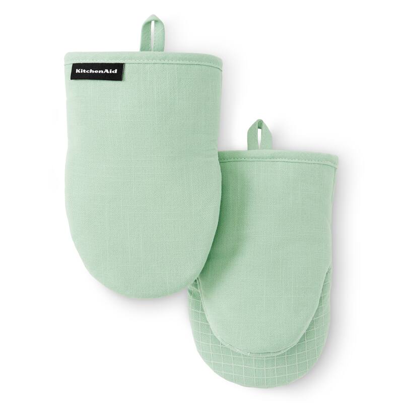 KITCHENAID Gourmet Series Gridlines Mini Oven Mitts 2-Pack Set, Heat Resistant up to 600°F, Soft Silicone Grip, Magnetic Cuff - Pistachio Green