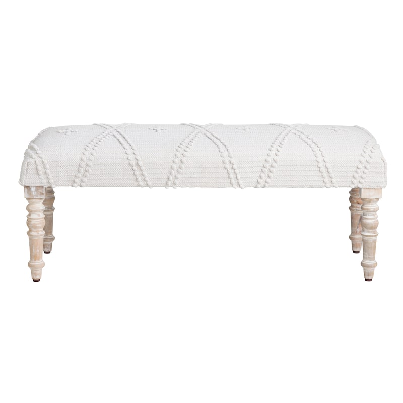46 in. White Upholstered Accent Bench with Cream Solid Wood Frame