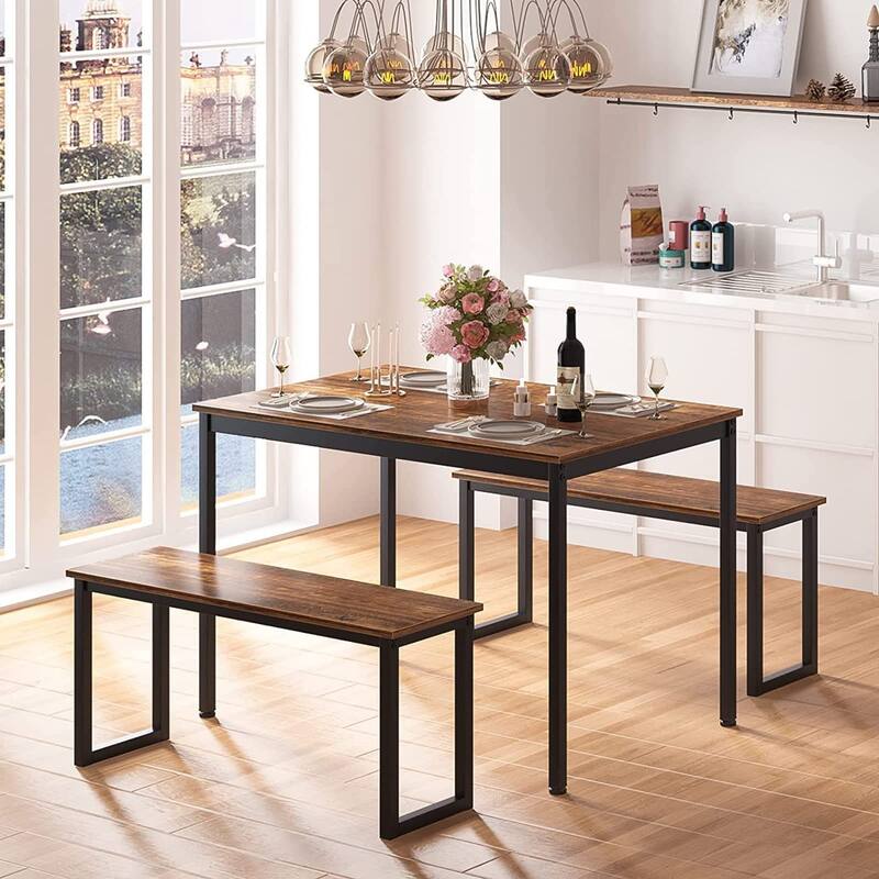 3 PCS Dining Table Set for 4 with 2 Benches, Soho Dining Table and Chairs Set, Kitchen Table and Chairs Breakfast Table Set - Rustic Brown