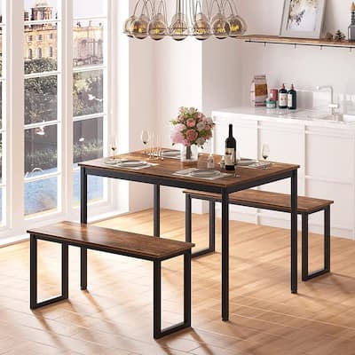3 PCS Dining Table Set for 4 with 2 Benches, Soho Dining Table and Chairs Set, Kitchen Table and Chairs Breakfast Table Set