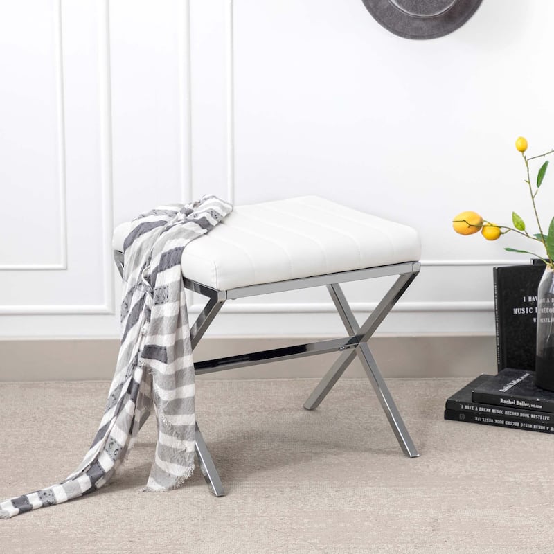 Tufted Faux Leather Vanity Bench with Metal X Legs