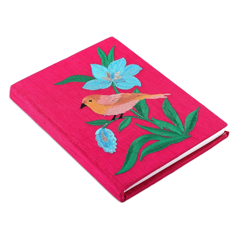 Novica Handmade Natures Cerise Beauty Rayon Embroidered Journal