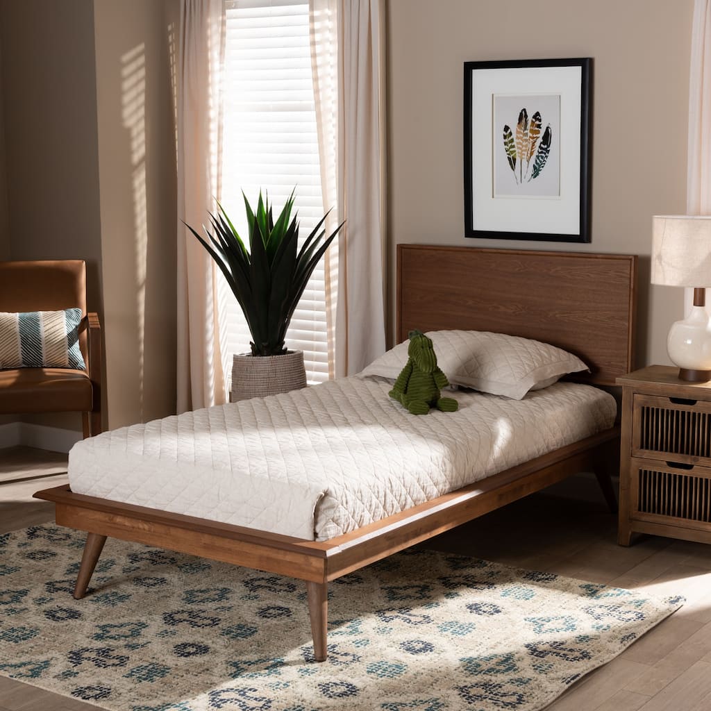 Twin Platform Bed - Mid-Century Modern Wood Bed Frame - Walnut Brown Finish