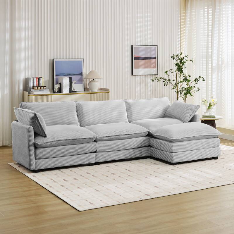 3-Seat Corduroy Modular Sofa with an Independent Removable Ottoman for Living Room or Business
