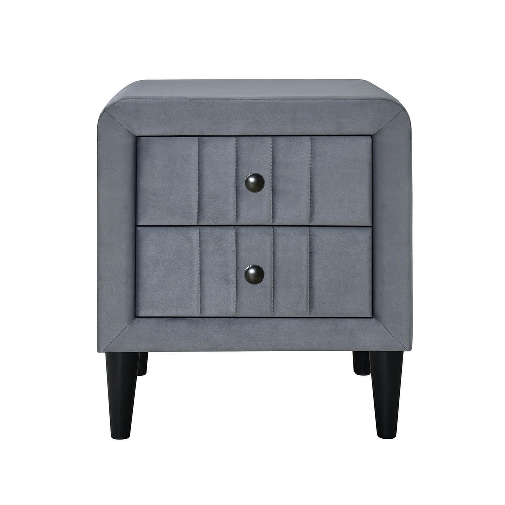 2 Drawers Velvet Upholstered Nightstand with Tapered Shape Legs