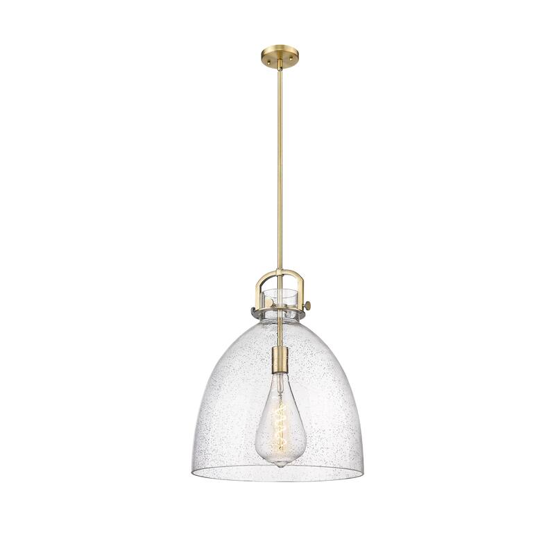 Innovations Lighting Newton Bell - 1 Light 16" Stem Hung Pendant - Brushed Brass/Seedy