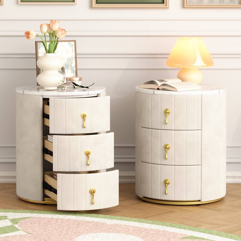 Set of 2 Upholstered 3-Drawer Nightstands - Round Marbling Top Bedside Table (Fully Assembled Except Handles, Beige)