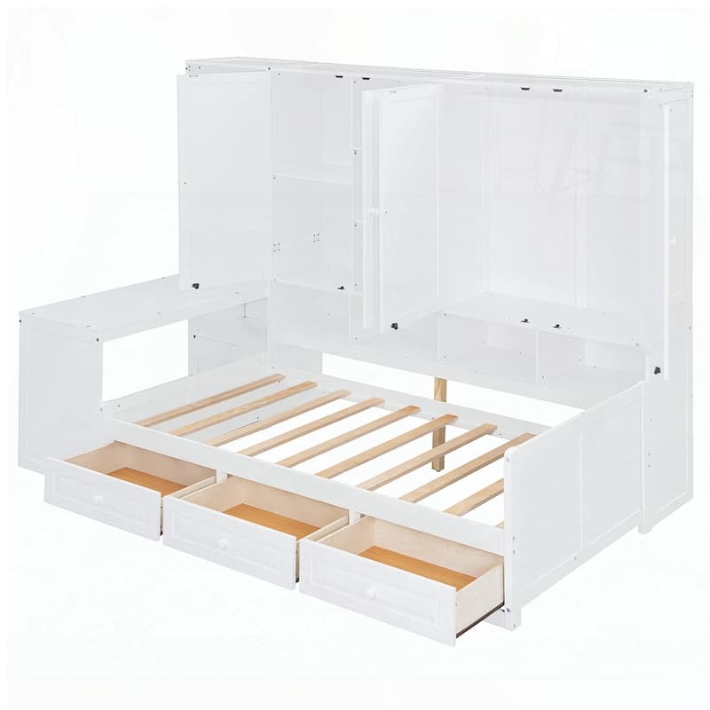 Wooden Daybed With Three Drawers and All-in-One Cabinet