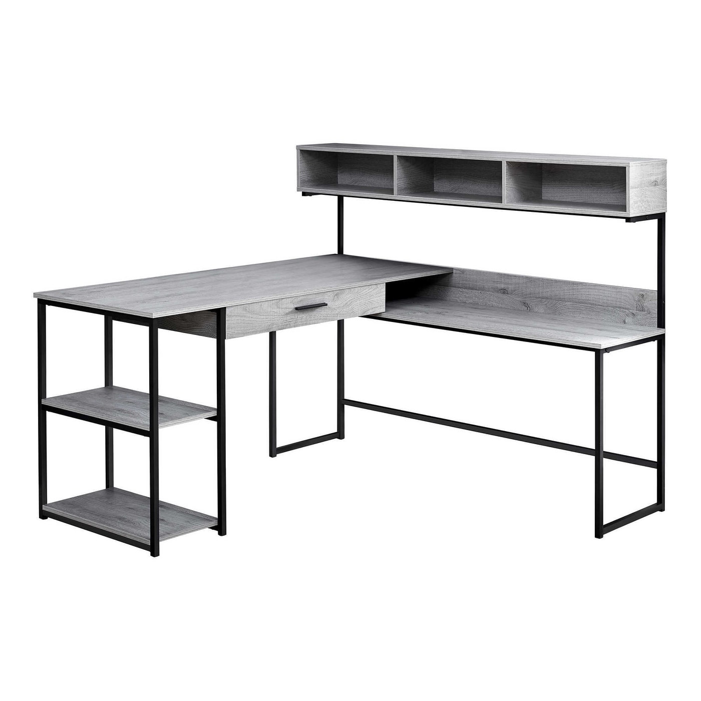 Stylish L-shaped Computer Desk with Sturdy Metal Base, Abundant Open and Closed Storage Space, Grey