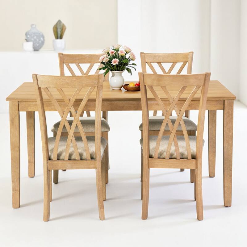 Modern 5-Piece Dining Table Set with 4 Wood Chairs, 60" Rectangular Table, Anti-Slip Design for Kitchen, Dining Room - Burly Wood
