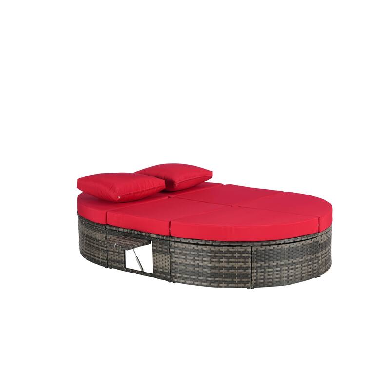 Outdoor Patio Rattan Round Daybed Sunbed with Adjustable Backrests and Foldable Cup Trays