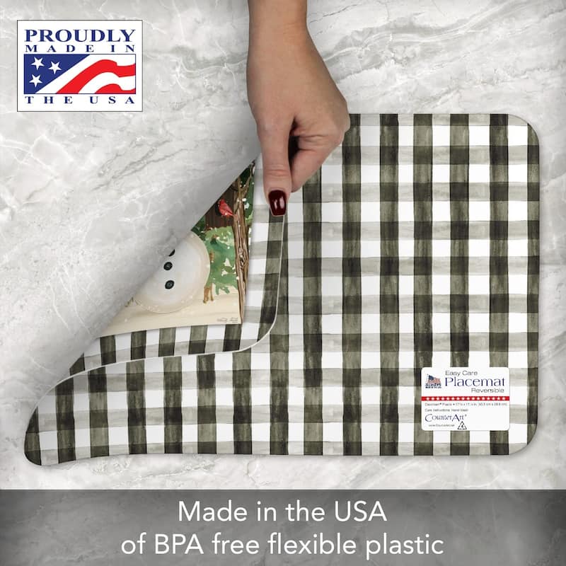 CounterArt Plaid Snowmen, Reversible Easy Care Flexible Plastic Placemat 4 Pack Made in The USA