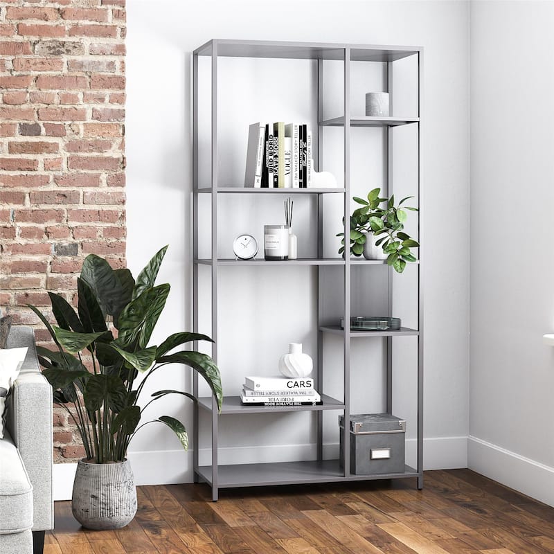 Roomfitters Mission District Metal Bookcase Room Divider with 6 Variating Shelves, Modern Gray