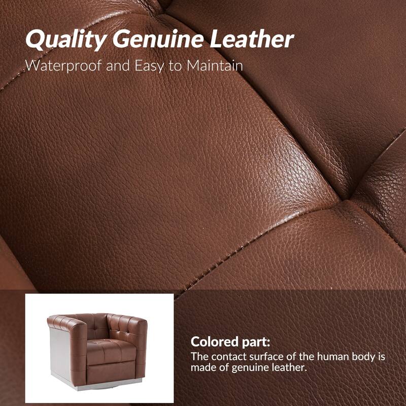 Jeremias Mid-certury Modern Genuine Leather Tufted Swivel Club Chair with Wooden Apron by HULALA HOME