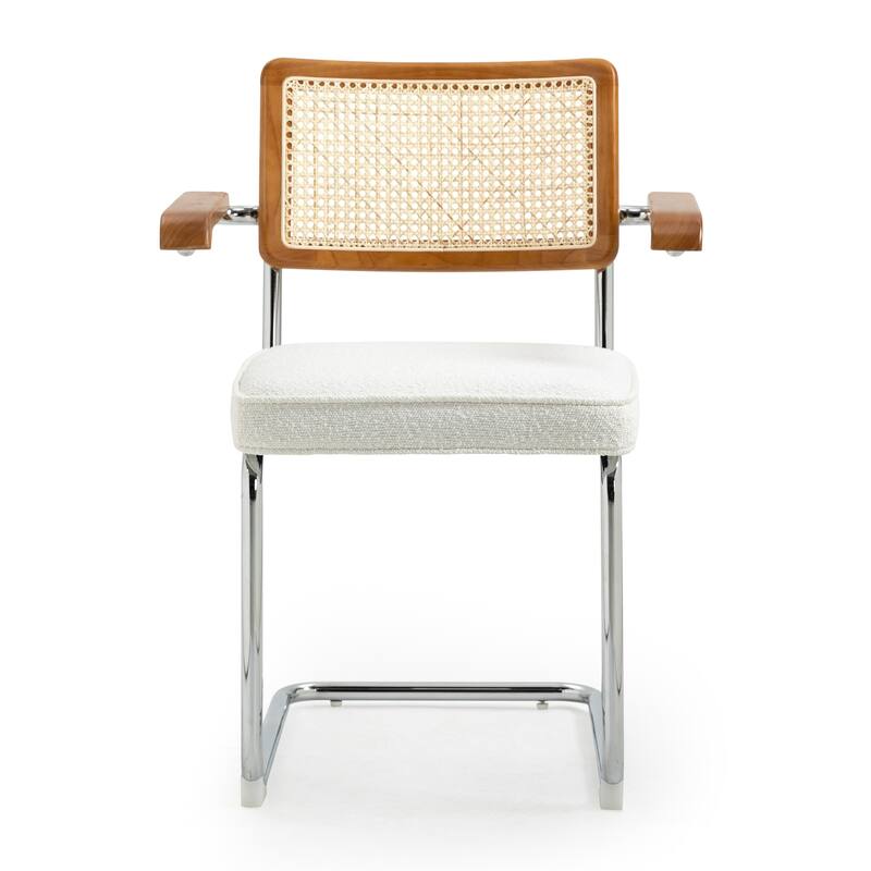 Set of 2 Azra White Boucle Dining Chair with Rattan Backrest and Chrome Legs