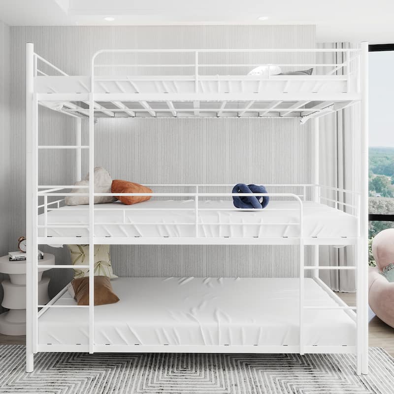 Twin Size Heavy-Duty Triple Frame Bed With Built-In Ladder And Full-Length Railing, No Springs Required, Easy To Assemble - White