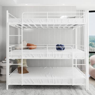 Twin Size Heavy-Duty Triple Frame Bed With Built-In Ladder And Full-Length Railing, No Springs Required, Easy To Assemble