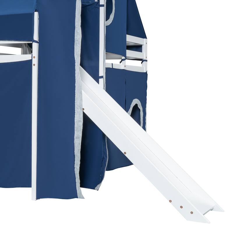 Roomfitters Full Size Loft Bed with Slide, Tent Canopy and Tower, Multi-Functional Sleep Space