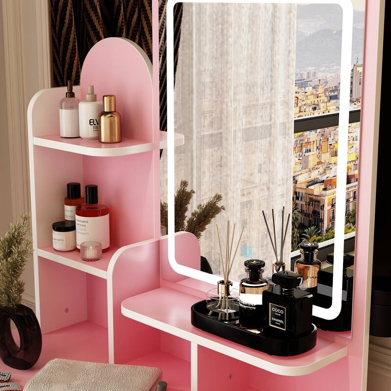 Vanity Desk with LED Lighted Mirror, Makeup Vanity Table with Drawers, Shelves and Stool
